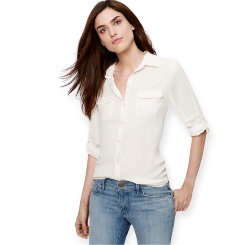 LOFT 100% Viscose White Button-Down Shirt with Front Pockets
